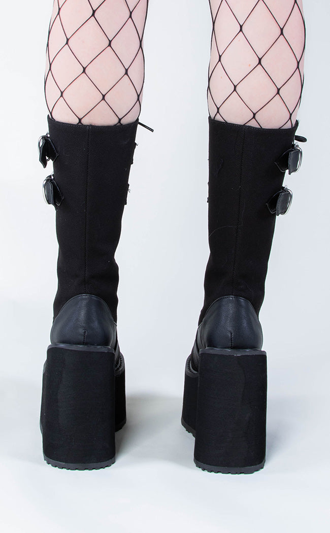 SWING-221 Black Canvas Platform Knee High Boots-Demonia-Tragic Beautiful