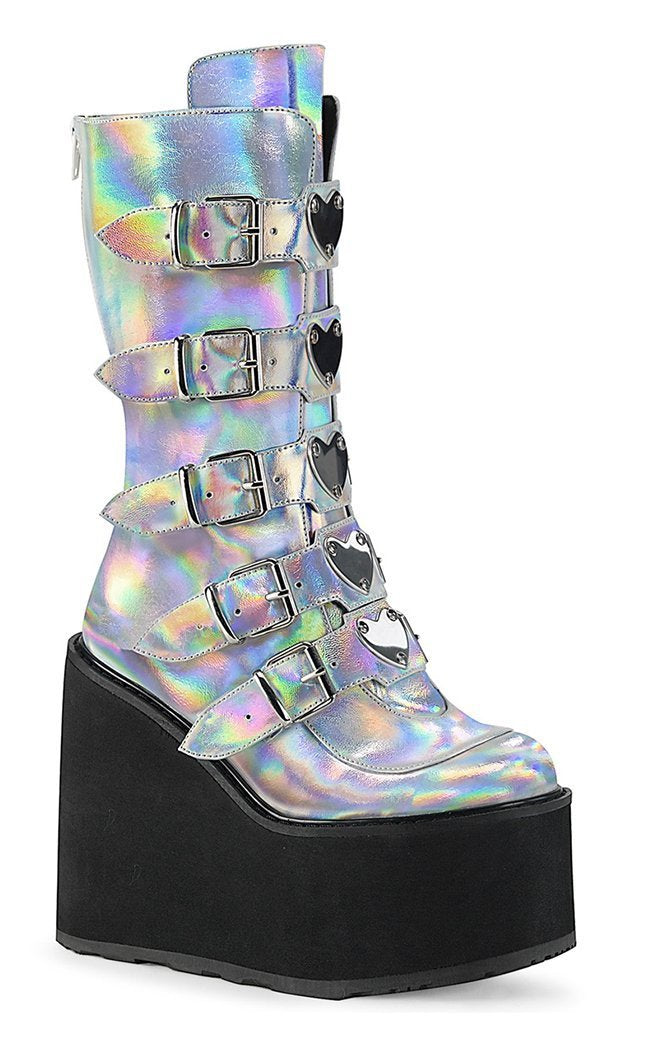 SWING-230 Silver Holographic Vegan Leather Boots-Demonia-Tragic Beautiful