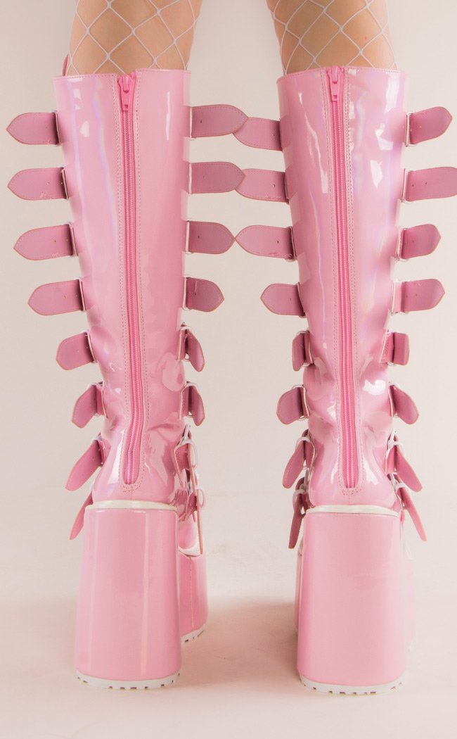 SWING-815 Baby Pink Holographic Trinity Platform Knee High Boots (Au Stock)-Demonia-Tragic Beautiful
