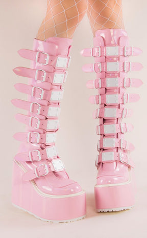 SWING-815 Baby Pink Holographic Trinity Platform Knee High Boots (Au Stock)-Demonia-Tragic Beautiful