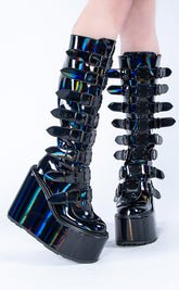 SWING-815 Black Holo Trinity Platform Knee High Boots-Demonia-Tragic Beautiful