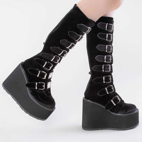 SWING-815 Black Velvet Trinity Platform Knee High Boots-Demonia-Tragic Beautiful
