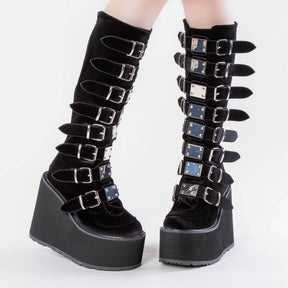 SWING-815 Black Velvet Trinity Platform Knee High Boots-Demonia-Tragic Beautiful
