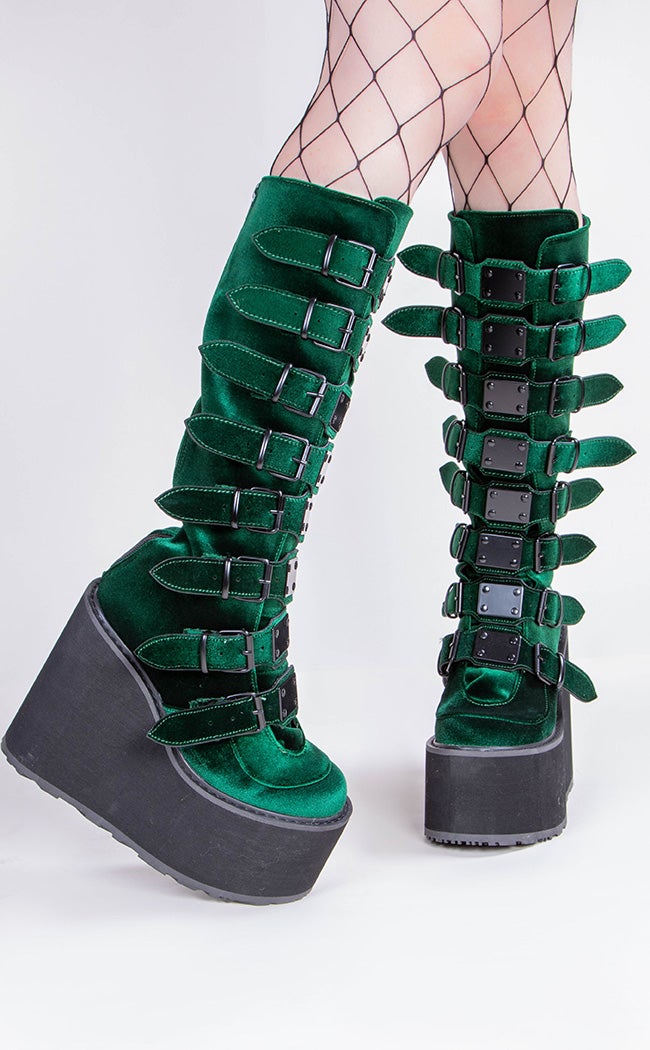 SWING-815 Emerald Velvet Trinity Platform Knee High Boots (Au Stock)-Demonia-Tragic Beautiful