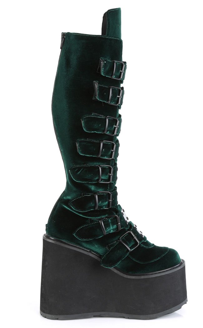 SWING-815 Emerald Velvet Trinity Platform Knee High Boots-Demonia-Tragic Beautiful
