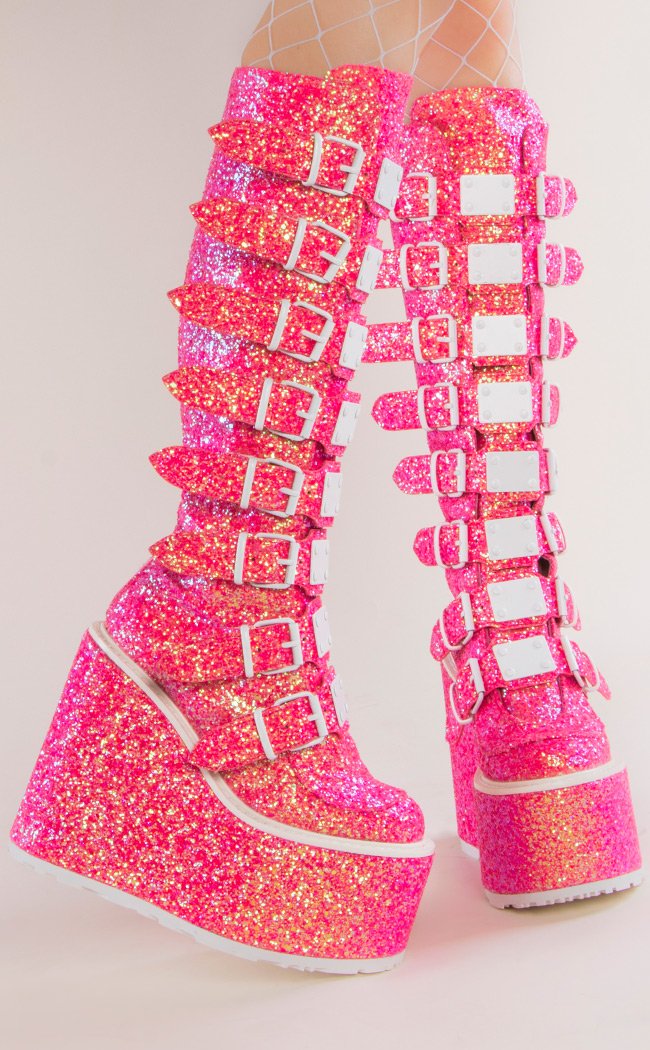 SWING-815 Pink Glitter Trinity Platform Knee High Boots (Au Stock)-Demonia-Tragic Beautiful