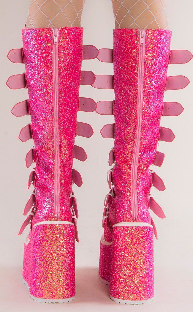 SWING-815 Pink Glitter Trinity Platform Knee High Boots-Demonia-Tragic Beautiful
