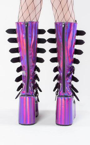 SWING-815 Purple Holo Trinity Platform Knee High Boots (Au Stock)-Demonia-Tragic Beautiful