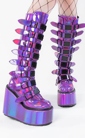 SWING-815 Purple Holo Trinity Platform Knee High Boots (Au Stock)-Demonia-Tragic Beautiful