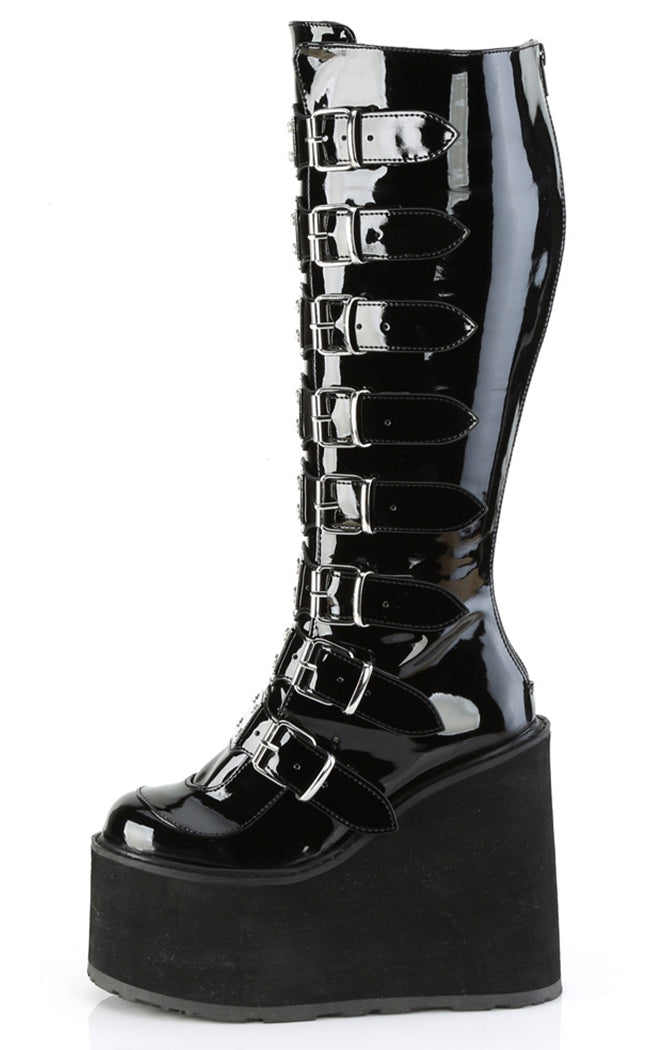 SWING-815WC Black Patent Trinity Knee High Boots | Wide Calf-Demonia-Tragic Beautiful