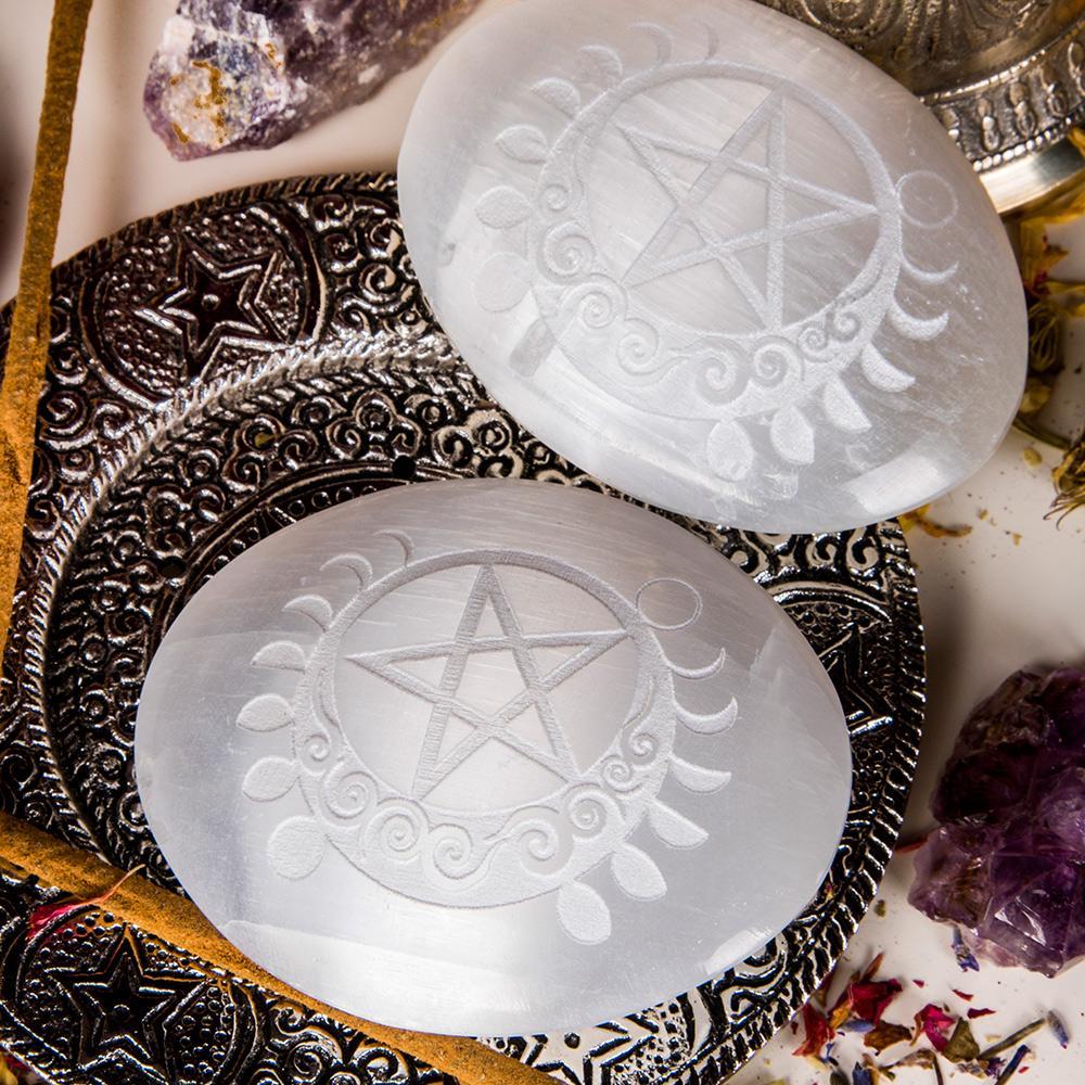 Selenite Palm Stone Pentacle Moon-Crystals-Tragic Beautiful