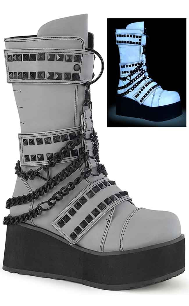 TRASHVILLE-138 Grey Reflective Vegan Leather Boots-Demonia-Tragic Beautiful