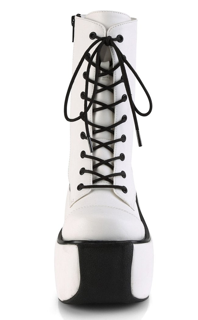 VIOLET-120 White Vegan Leather Lace Up Boots-Demonia-Tragic Beautiful