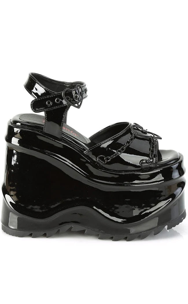 WAVE-09 Black Patent Platform Chained Sandals-Demonia-Tragic Beautiful