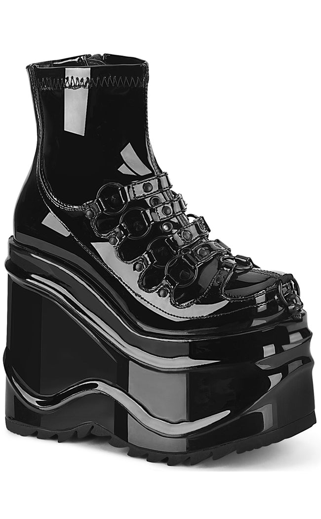 WAVE-110 Black Patent Stretch Ankle Boots-Demonia-Tragic Beautiful