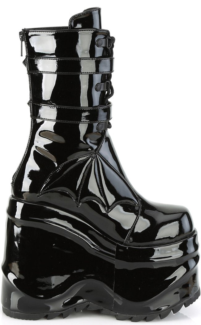 WAVE-150 Platform Batty Wedge Boots | Black Patent-Demonia-Tragic Beautiful