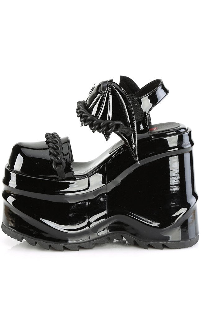 WAVE-20 Black Patent Leather Platform Sandals-Demonia-Tragic Beautiful