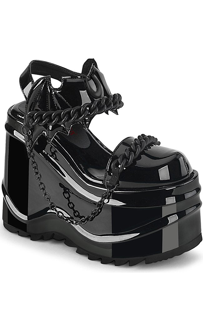 WAVE-20 Black Patent Leather Platform Sandals-Demonia-Tragic Beautiful