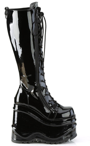 WAVE-200 Platform Knee High Wedge Boots | Black Patent-Demonia-Tragic Beautiful