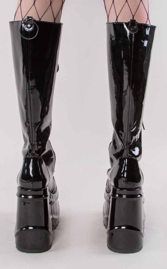 WAVE-200 Platform Knee High Wedge Boots | Black Patent-Demonia-Tragic Beautiful