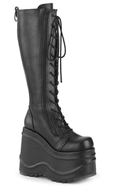 WAVE-200 Platform Knee High Wedge Boots | Black Matte-Demonia-Tragic Beautiful