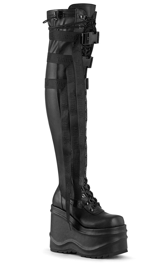 WAVE-315 Black Matte Thigh High Platform Boots-Demonia-Tragic Beautiful