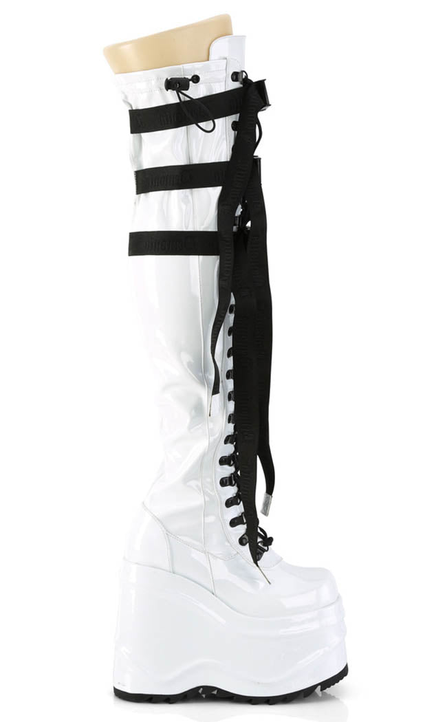 WAVE-315 White Patent Thigh High Platform Boots-Demonia-Tragic Beautiful