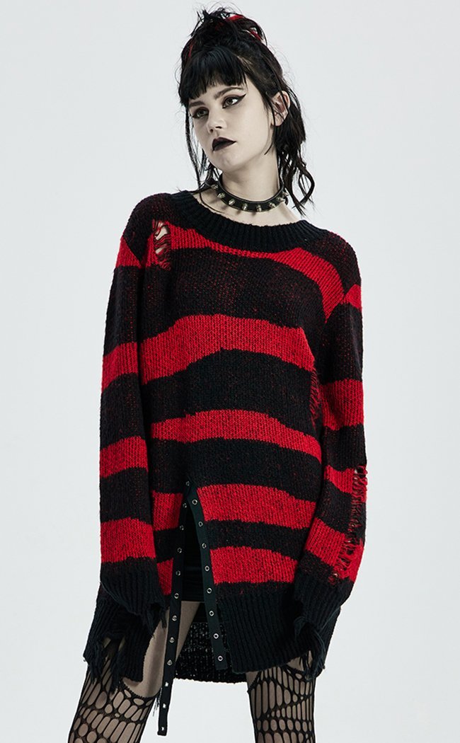Worn Out Striped Knit | Black & Red-Punk Rave-Tragic Beautiful