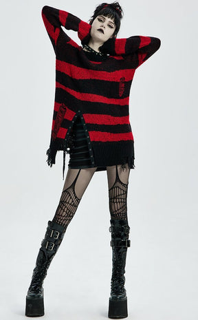 Worn Out Striped Knit | Black & Red-Punk Rave-Tragic Beautiful