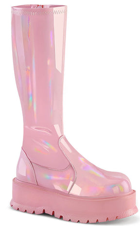 SLACKER-200 Baby Pink Patent Knee High Platform Boots-Demonia-Tragic Beautiful