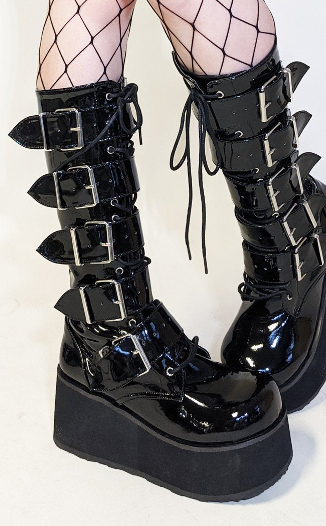 TRASHVILLE-518 Black Patent Boots (Au Stock)-Demonia-Tragic Beautiful
